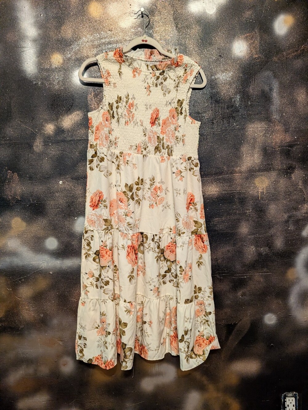 Floral Smocked Midi Dress in Ivory and Peach
